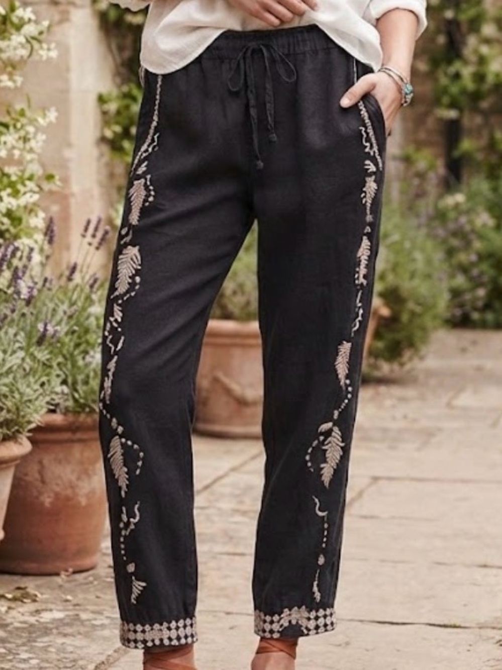 JW Los Angeles Black Embroidered Linen Joggers Boho Boho-Chic Large